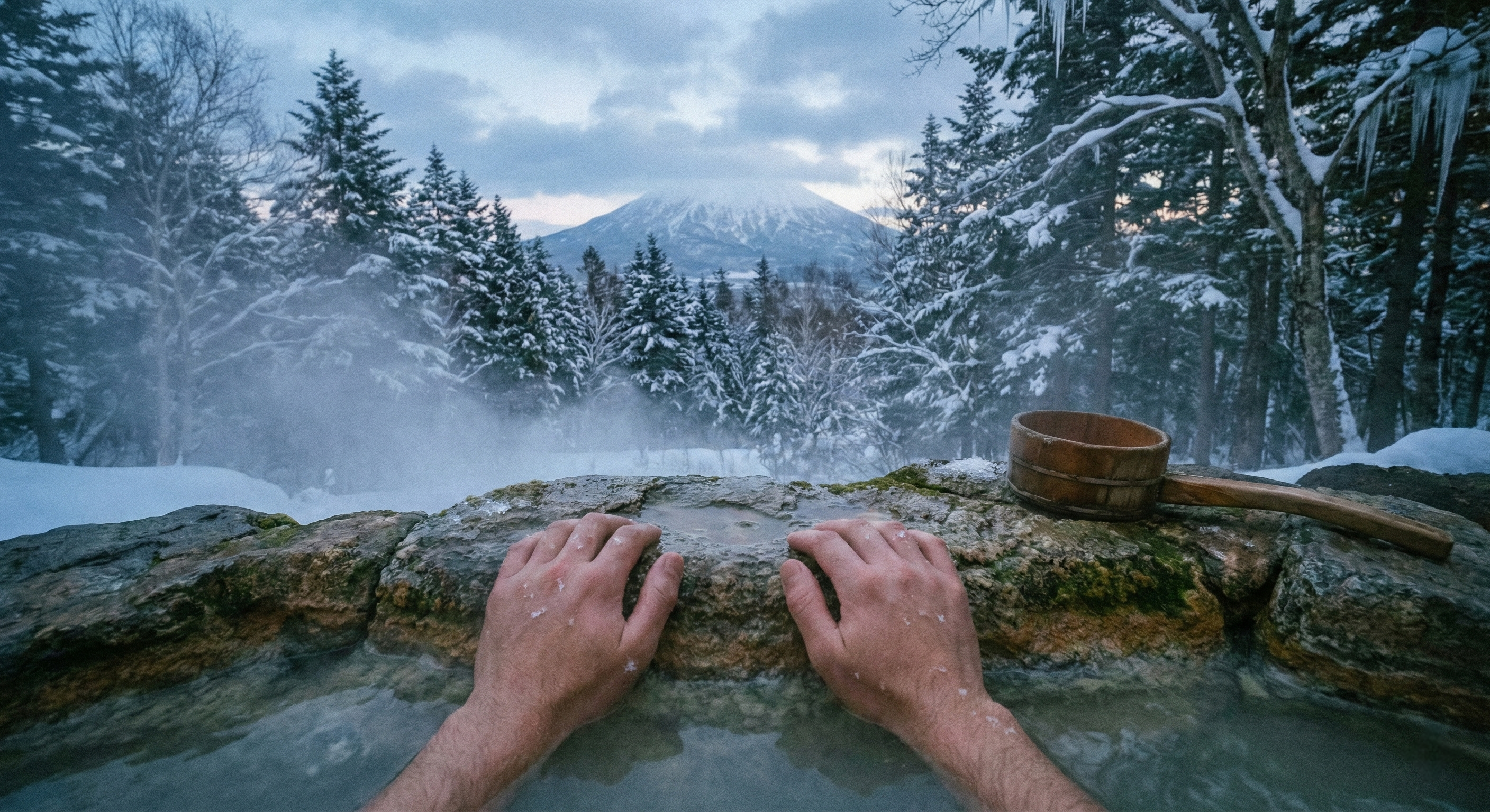 A steaming outdoor natural hot spring in Niseko is surrounded by deep snow and pine trees, offering a peaceful and restorative view of the mountains.