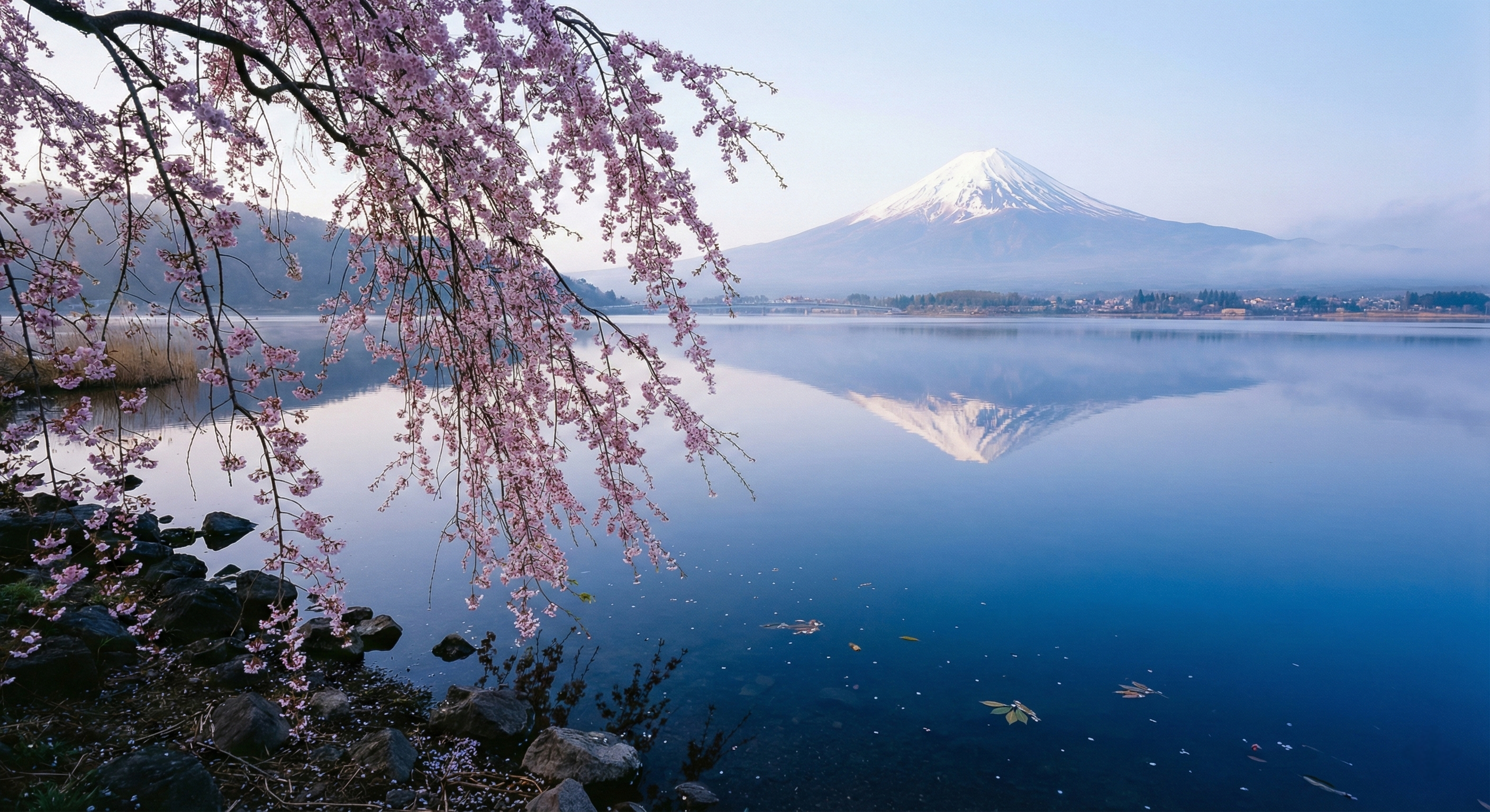 A serene morning scene at Lake Kawaguchiko showing the clear reflection of Mount Fuji in the still water, framed by overhanging cherry blossom branches on the northern shore.