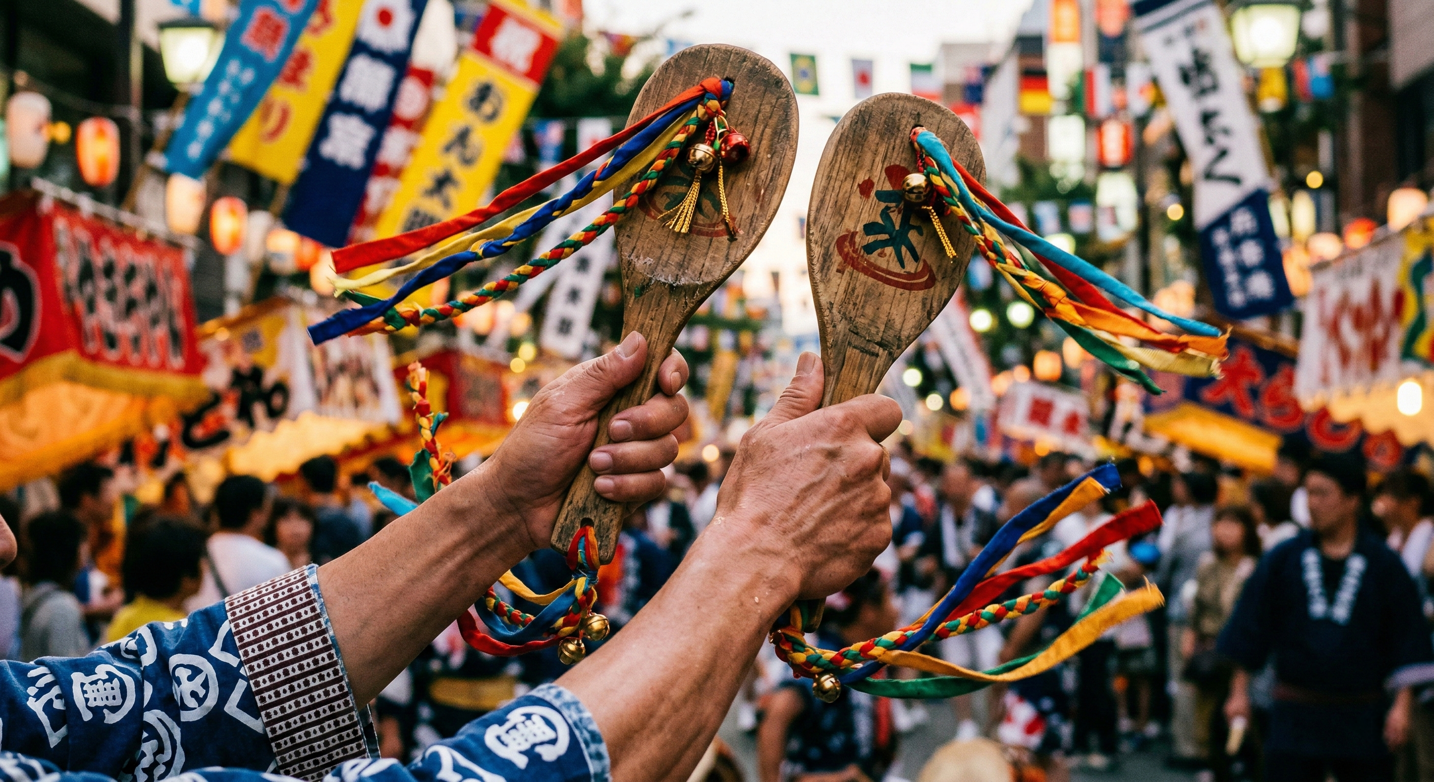 A detailed close-up shot of a festival participant's hands holding traditional wooden rice paddles decorated with colorful ribbons, capturing the rhythmic movement and symbolic essence of Hakata Dontaku.