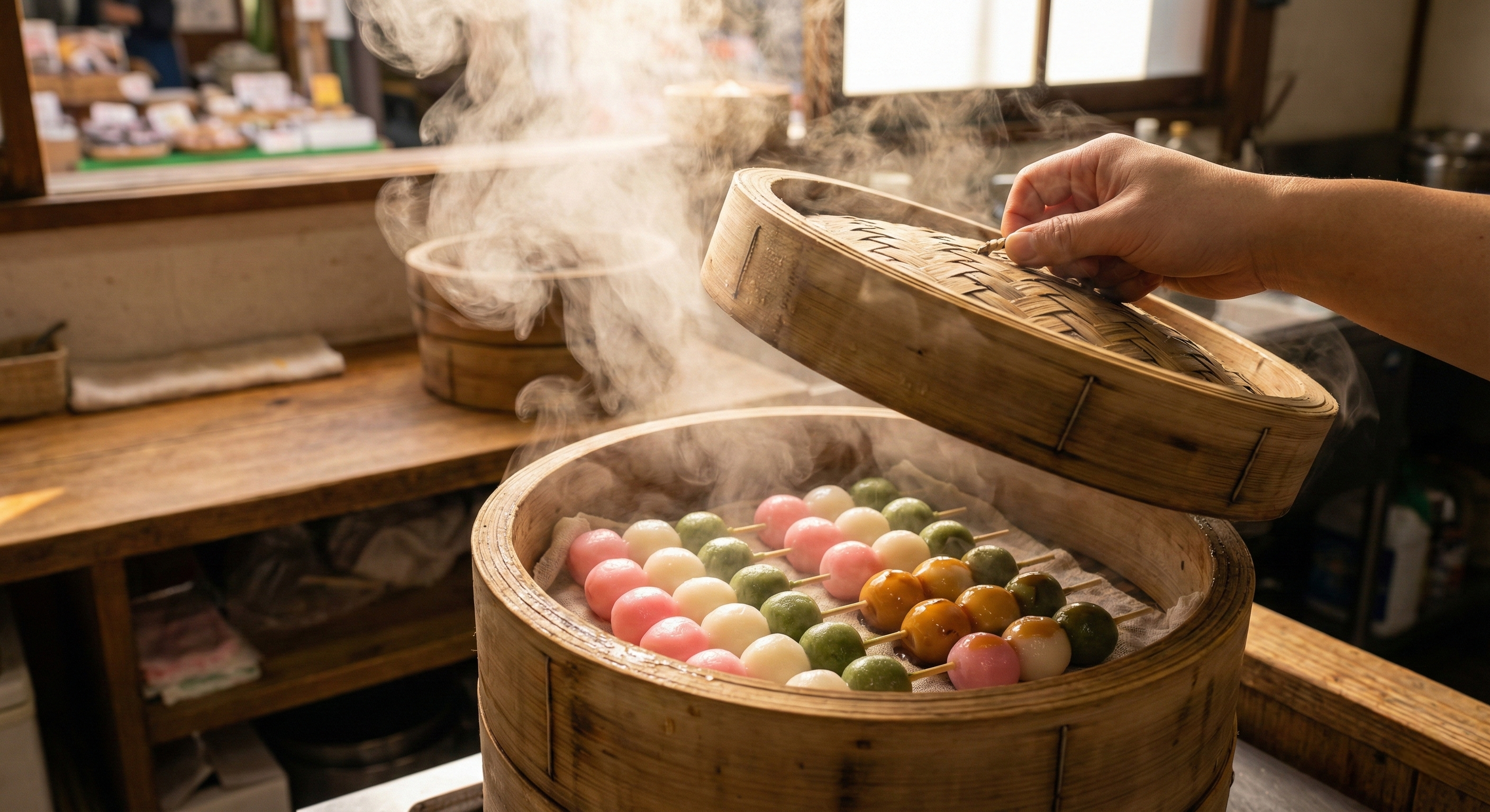 A bamboo steamer basket being opened to reveal rows of bright pink, white, and green dango dumplings shrouded in a thick, ethereal cloud of rising white steam.