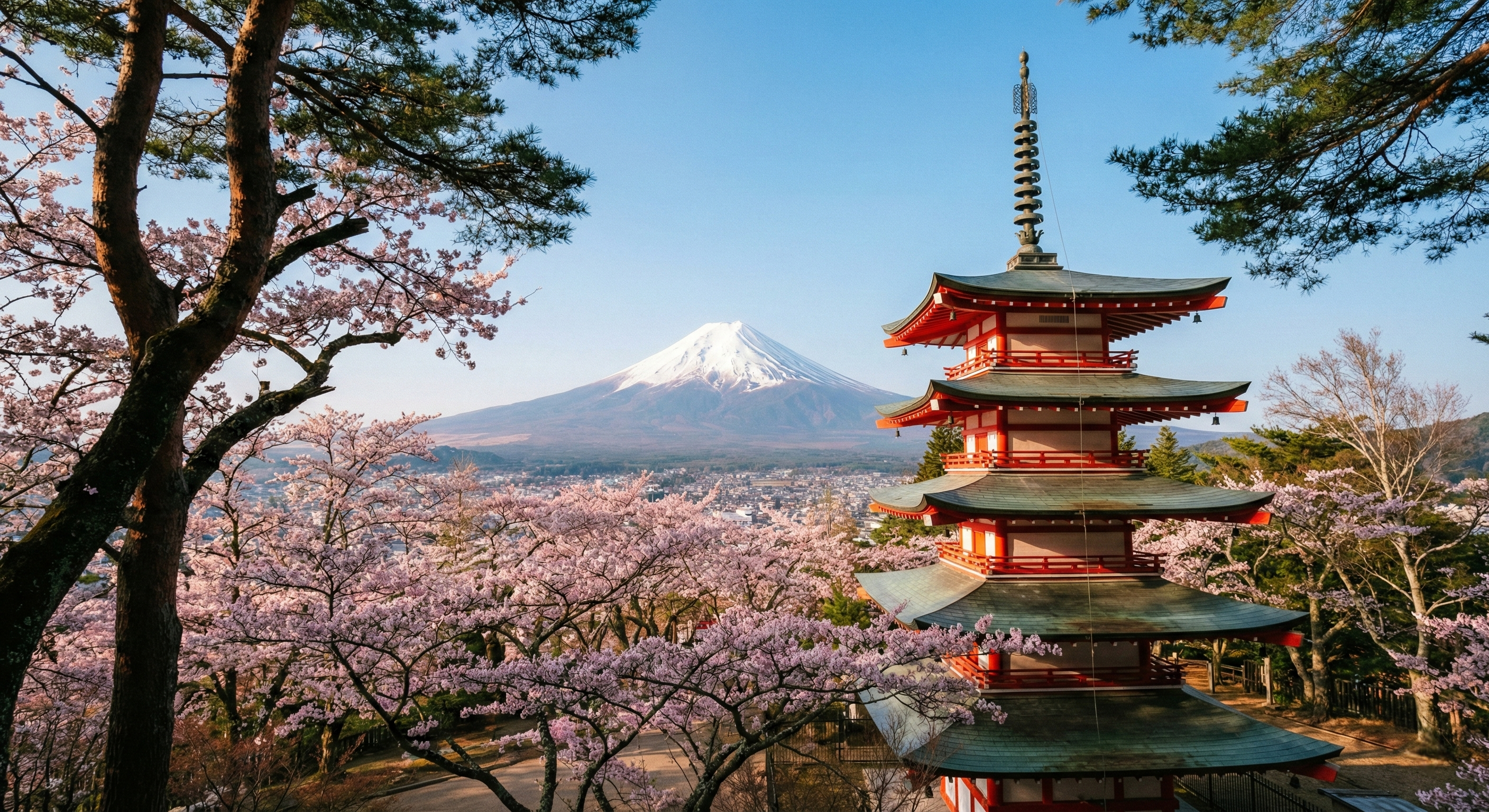 The five-story red Chureito Pagoda is framed by vibrant pink cherry blossoms with a clear snow-capped Mount Fuji standing prominently in the distant background under a bright blue sky.