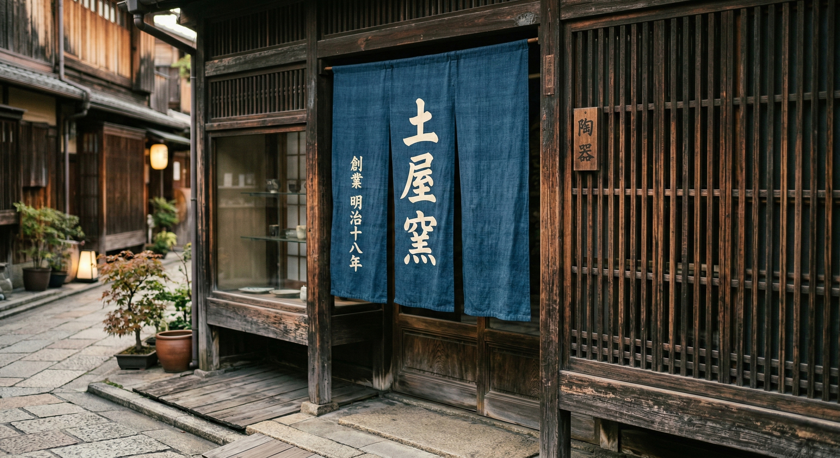 close-up view of a traditional Kyoto storefront in Nishiki Market showcasing dark wooden lattice details, a hand-painted fabric noren curtain, and historic architectural textures and finishes.