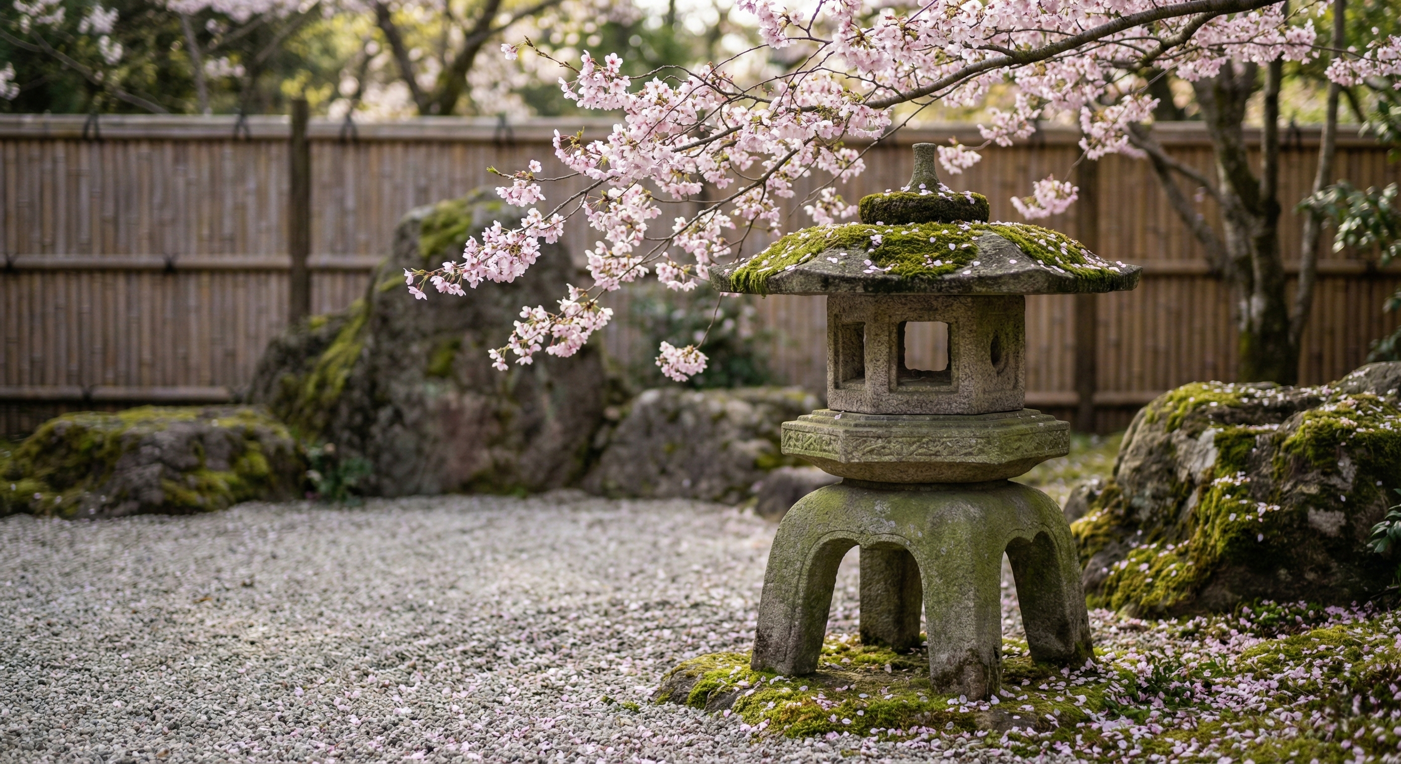 A moss-covered stone lantern stands peacefully in a secluded Zen garden, draped in the delicate pink petals of an overhanging cherry blossom tree during sunrise.