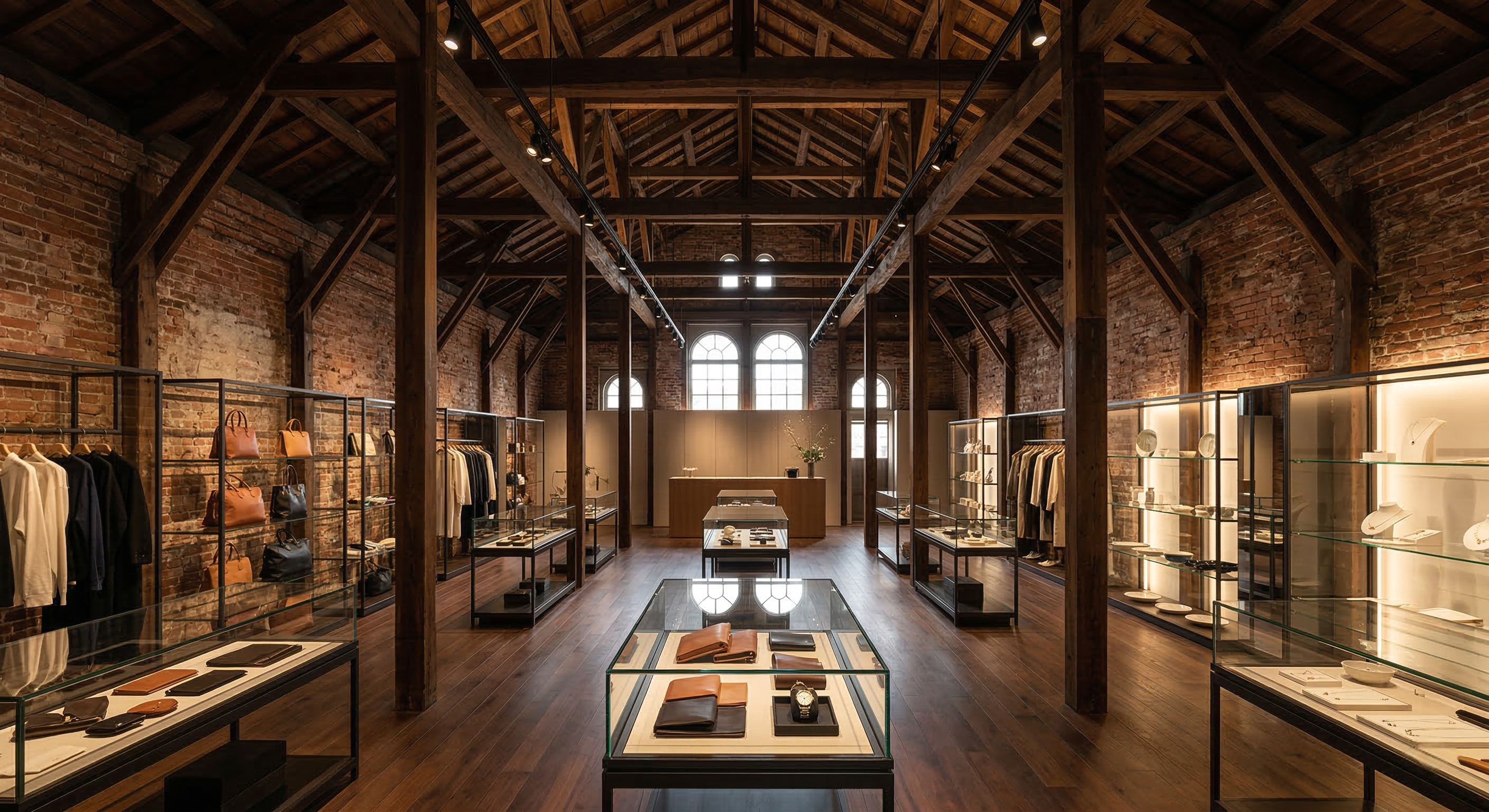 Interior of a luxury boutique located within a repurposed Taisho-era warehouse in Otaru, featuring high wooden rafters, original brick walls, and sophisticated modern interior design elements.
