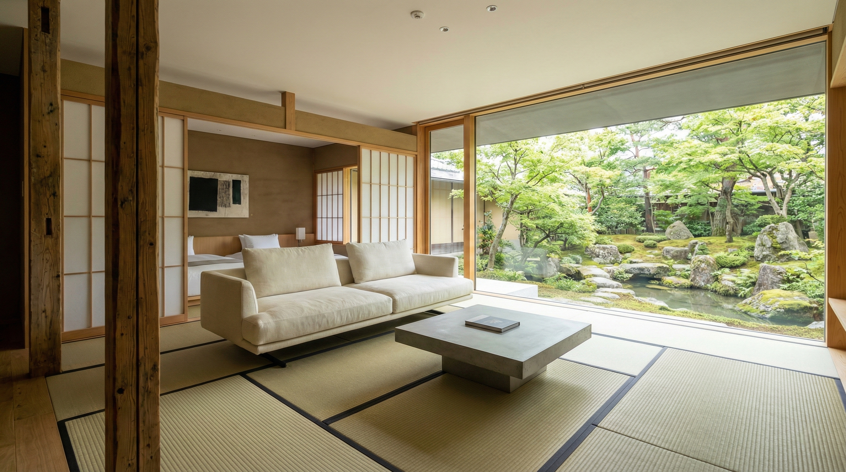 A luxurious ryokan suite in Kyoto featuring traditional tatami flooring and shoji screens paired with modern minimalist furniture and a large picture window overlooking an ancient garden.