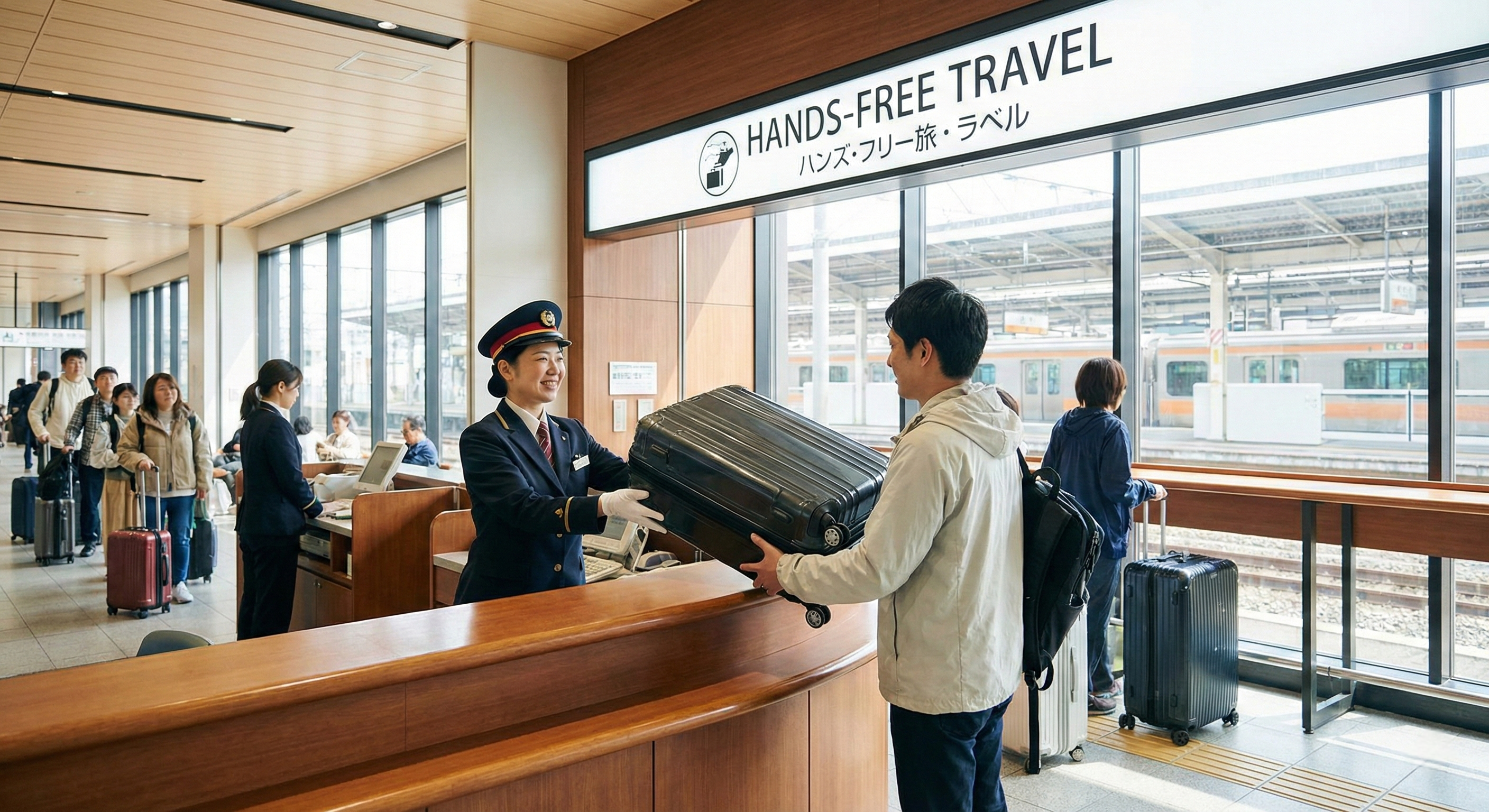 A professional staff delivery member handles a suitcase at a dedicated service counter in a modern Japanese train station, highlighting the convenience of hands-free travel across the country. 