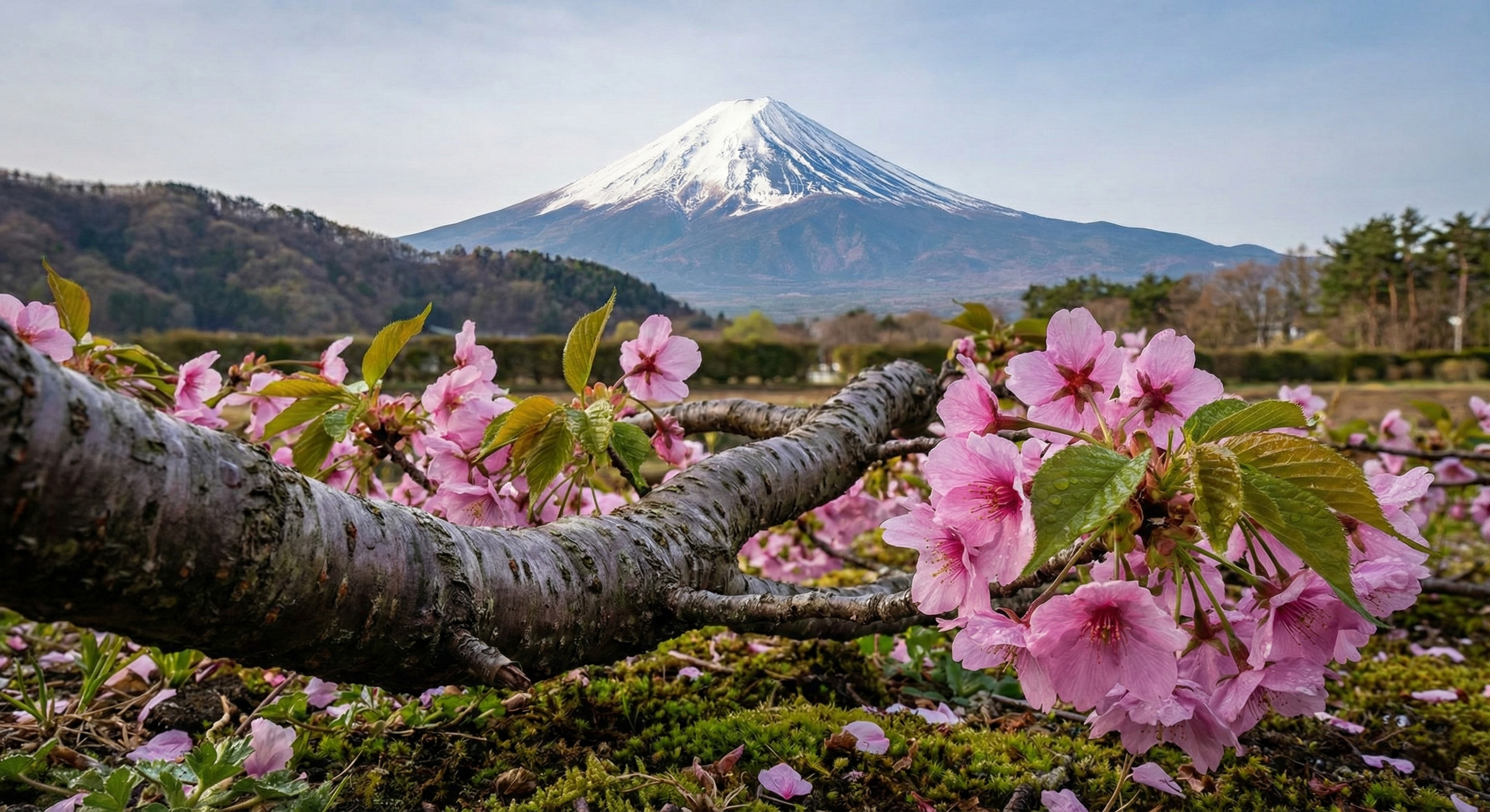 A low-angle photograph emphasizing a detailed cherry blossom branch in the immediate foreground, with a clear, snow-capped Mount Fuji serving as a majestic background element.