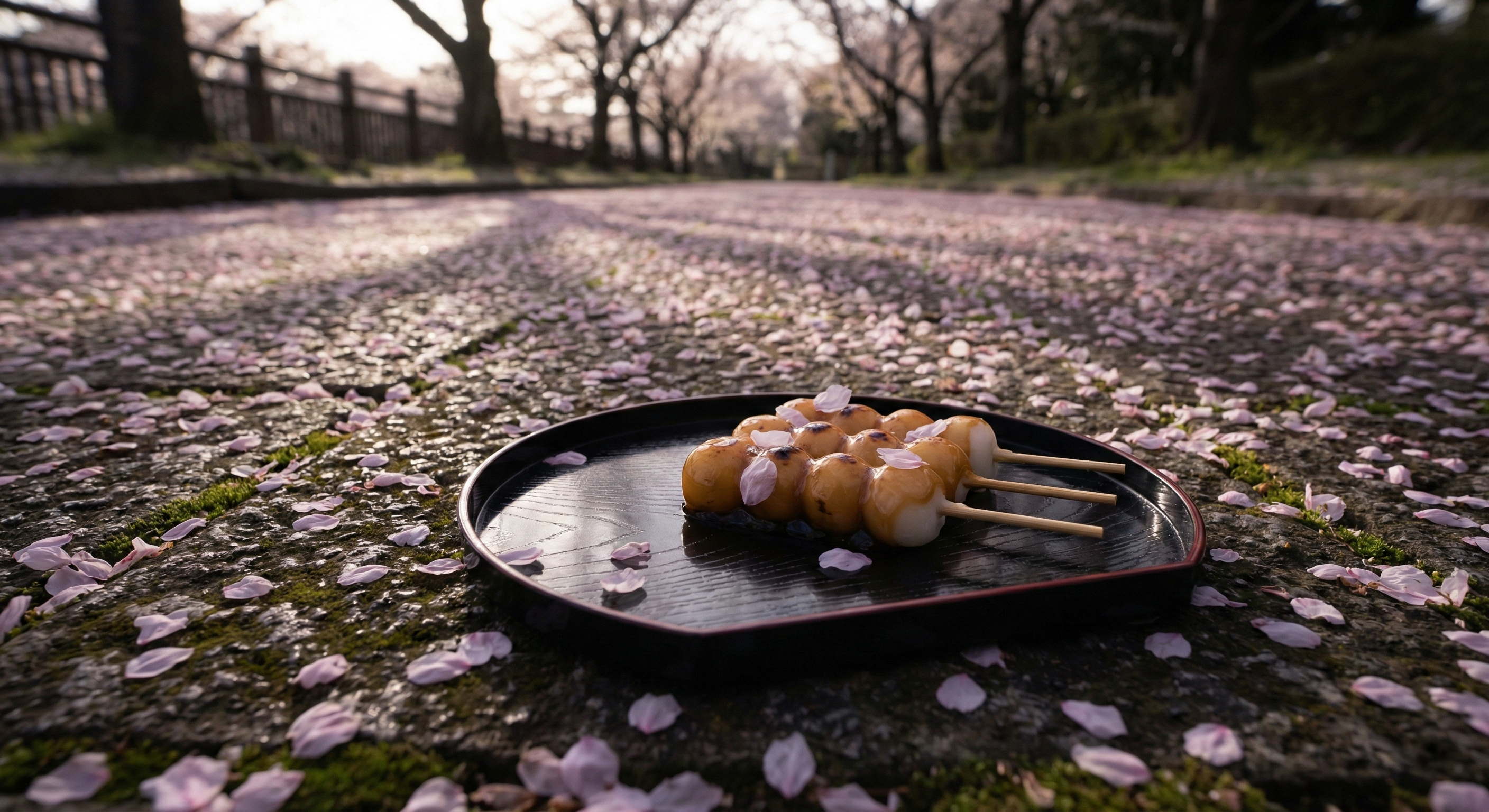 Close-up of pink, white, and green dango on a black lacquer tray resting upon a mossy stone path covered in delicate, fallen pink cherry blossom petals.