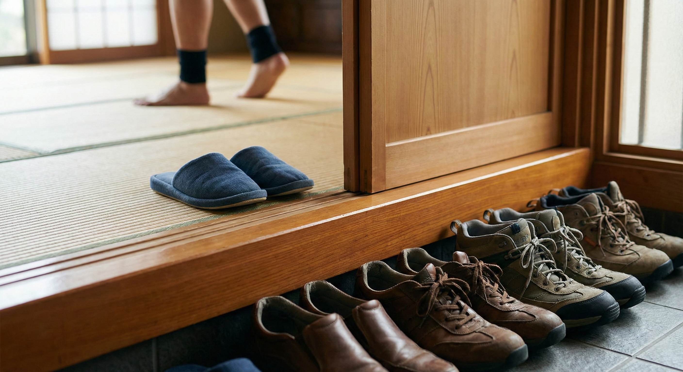 Ground-level view of a traditional Japanese entryway with shoes neatly lined up on the lower step and indoor slippers waiting on the elevated wooden floor.