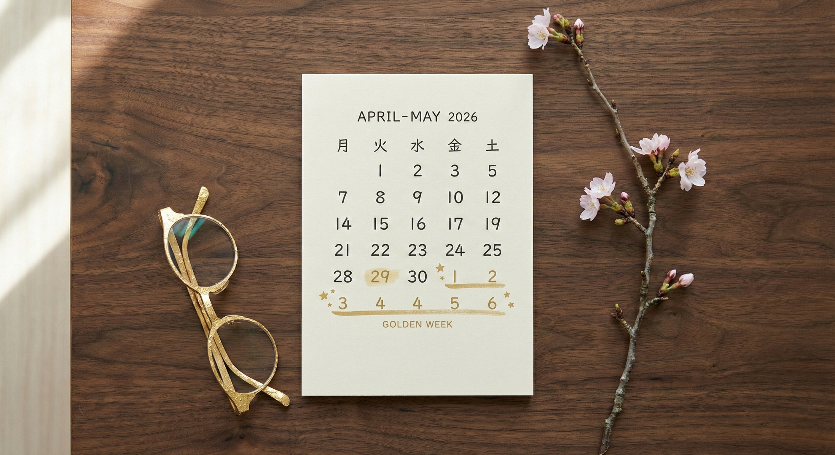 A minimalist flat lay of a 2026 Japanese calendar on a dark wood table, accented by a cherry blossom branch and gold-leaf glasses, illustrating the luxury travel timeline.