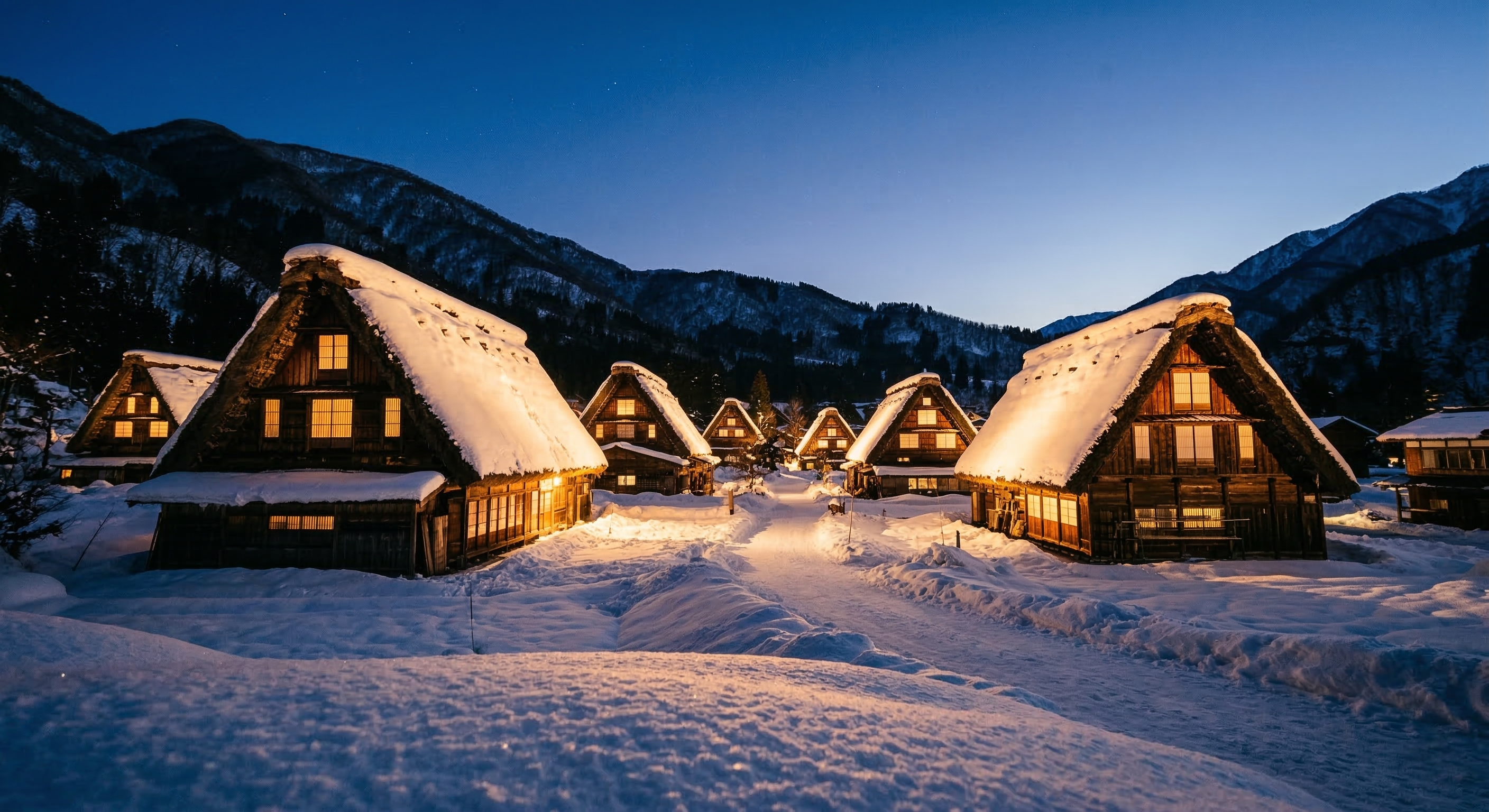 A breathtaking night photo from an elevated viewpoint shows a snow-blanketed village glowing with warm yellow lights against the dark blue twilight of a winter mountain evening.