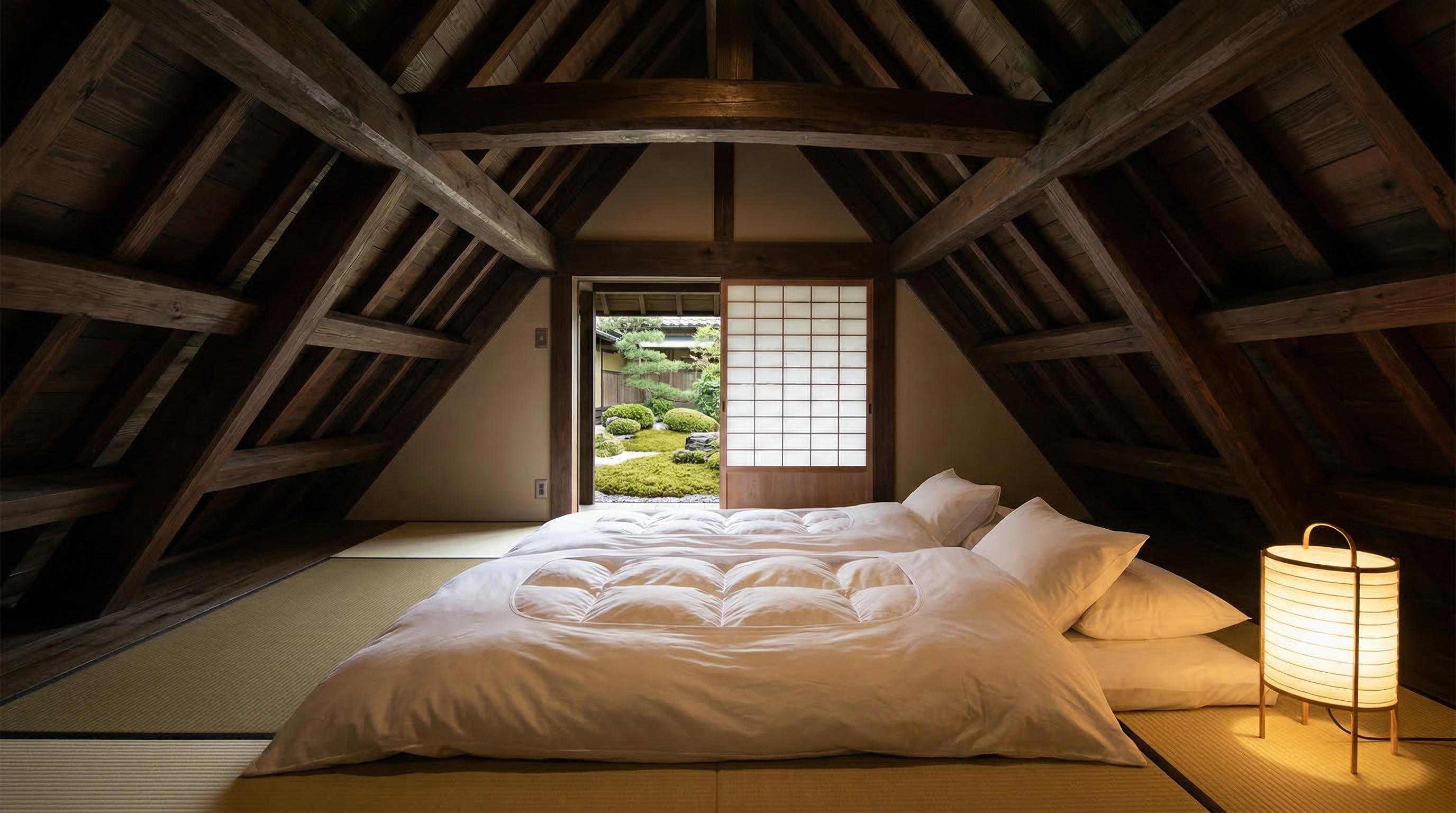 An interior view of a luxury gassho-zukuri farmhouse room featuring dark timber ceiling beams, premium white bedding on tatami mats, and a soft glow from a shoji screen.