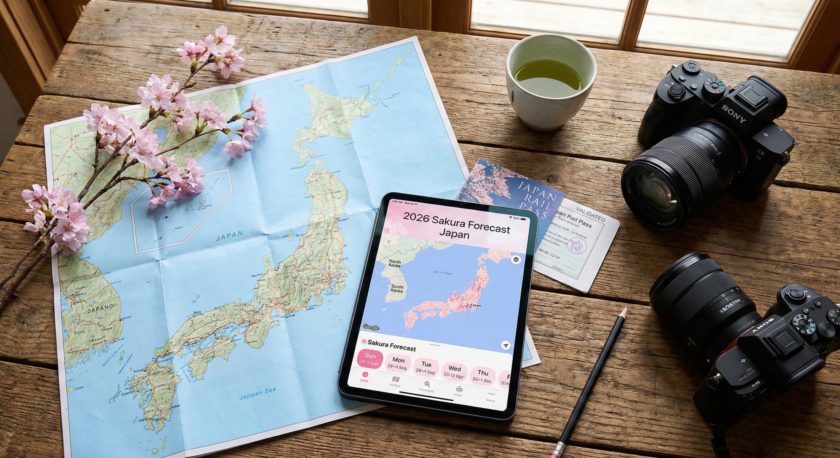 An organized flat lay featuring a Japan travel map, a tablet with blossom forecasts, a JR Pass, and camera gear, surrounded by delicate pink cherry blossoms.