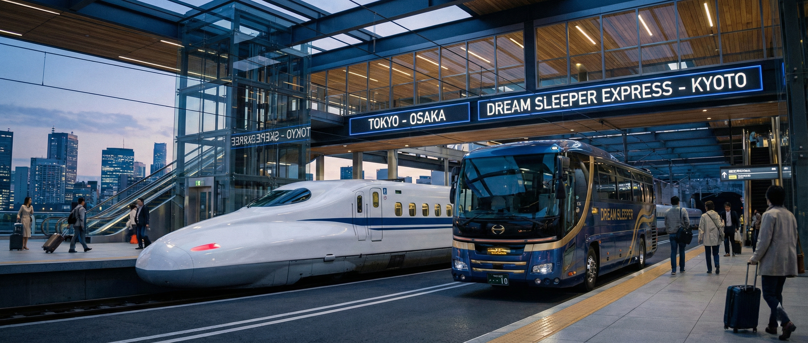 A high-speed N700S Shinkansen train and a sleek luxury overnight bus are parked at a multi-modal transport hub in Tokyo, showcasing the diverse range of travel routes available.