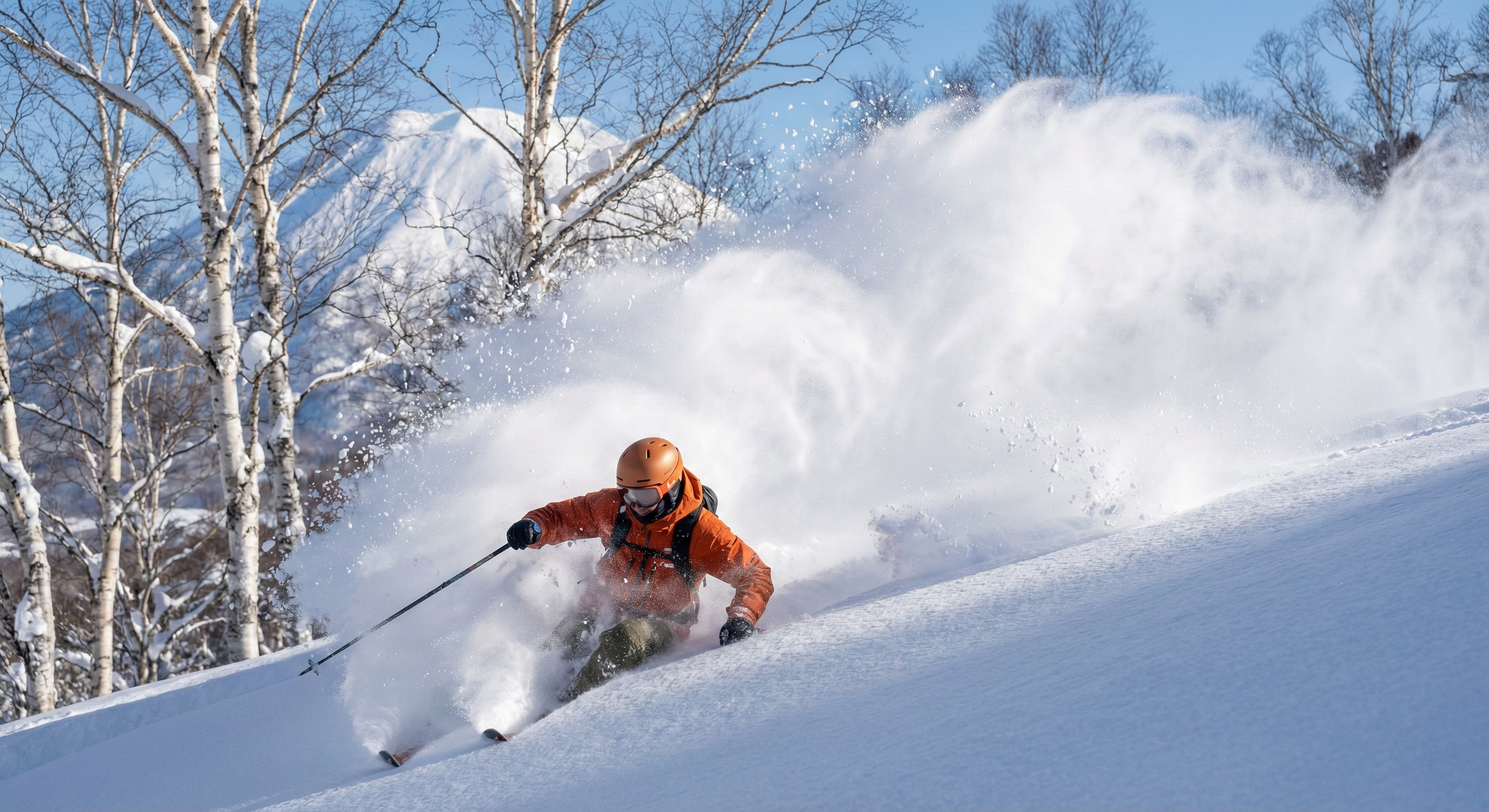 A professional skier is captured mid-turn, creating a massive spray of light powder snow in Niseko, Japan, demonstrating the region's world-famous and exceptional winter sports conditions.
