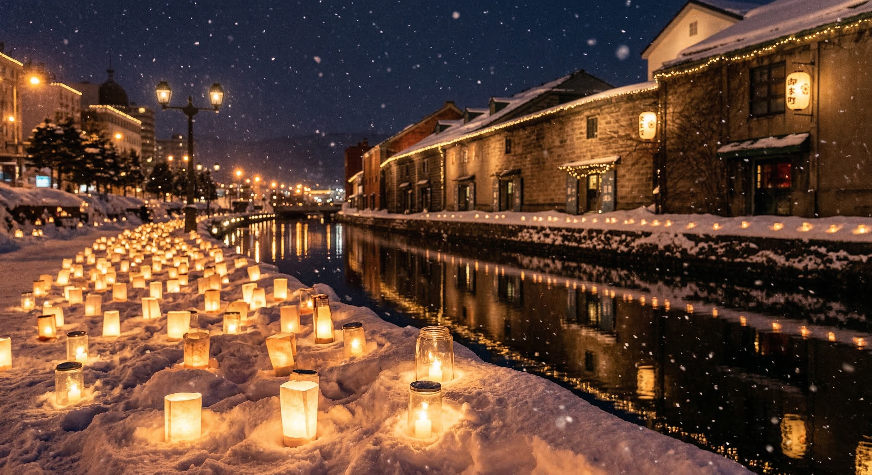 Thousands of small lanterns and candles illuminating the snow-covered banks of the Otaru Canal during winter.