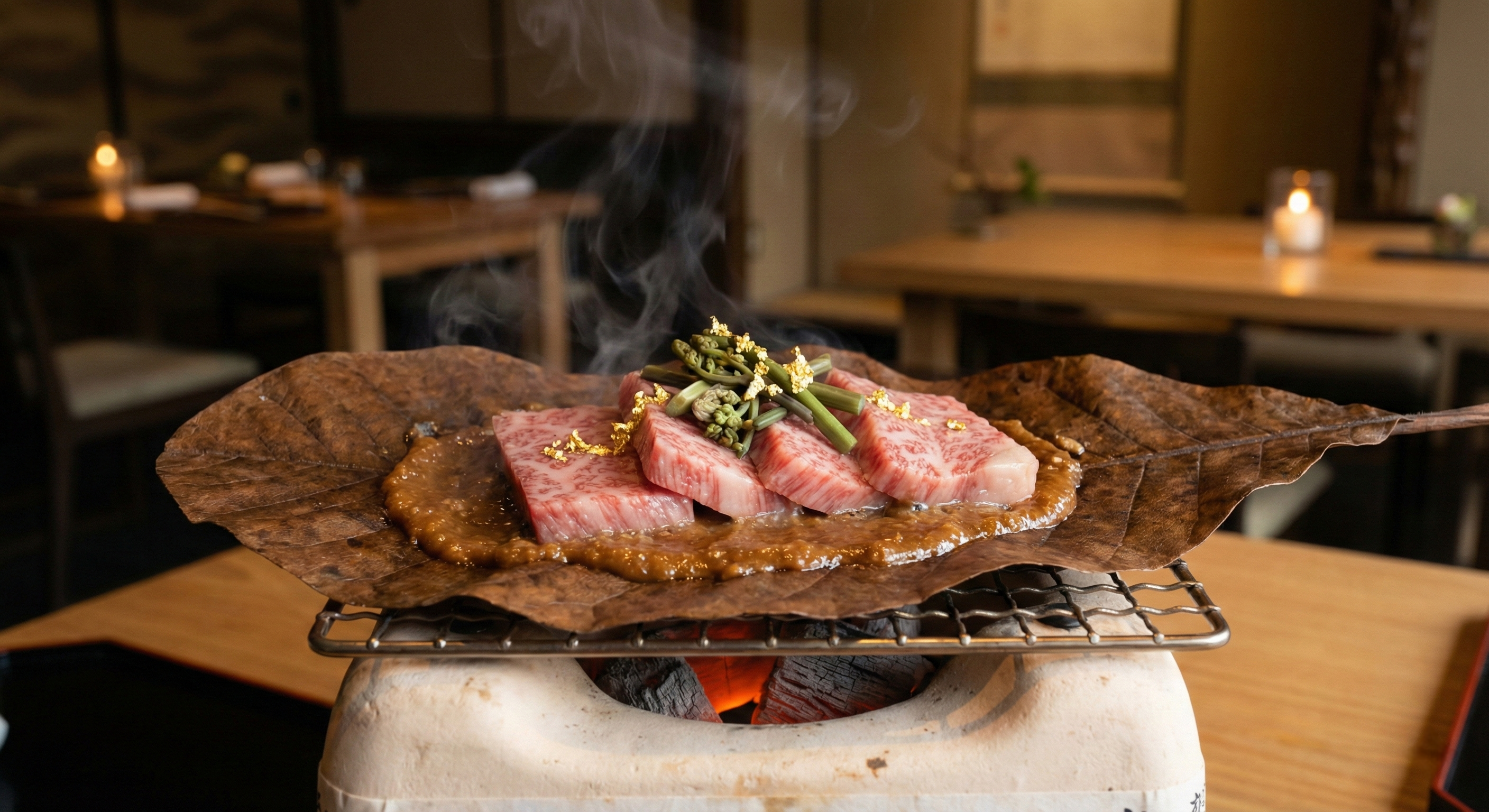 A close-up photograph of premium marbled Hida beef grilling on a traditional magnolia leaf with miso and spring vegetables in a luxury Japanese dining setting, showcasing regional culinary excellence.