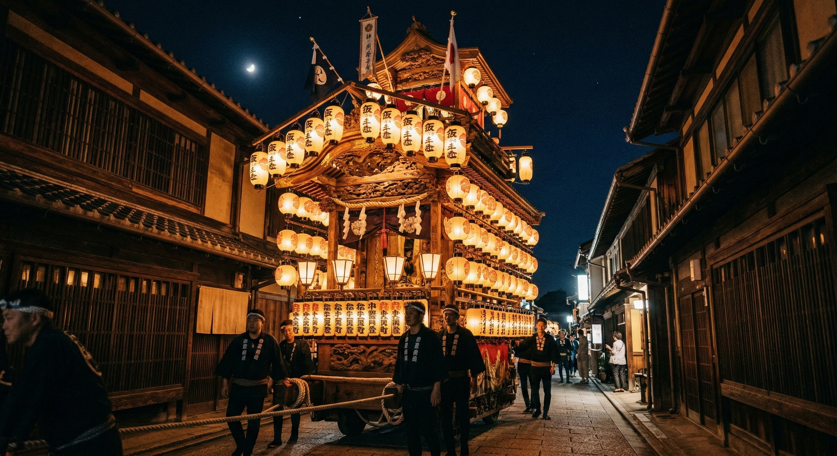 A wide night-time photograph of a grand Takayama festival float illuminated by hundreds of glowing lanterns, casting a warm light over historic wooden streetscapes.