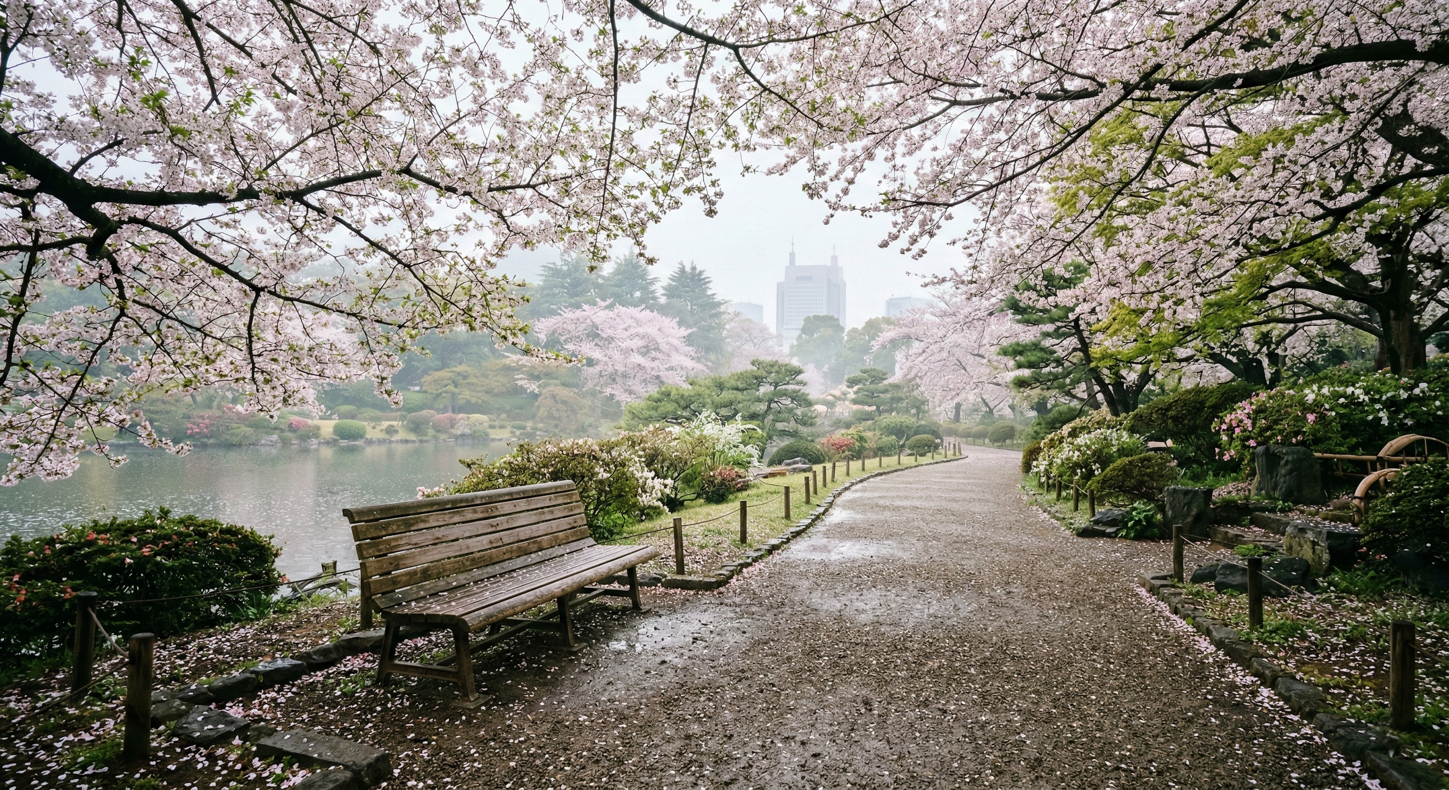 A serene landscape of Shinjuku Gyoen during early morning, featuring empty gravel paths lined with blooming cherry blossom trees under a soft, hazy blue sky with light morning mist.