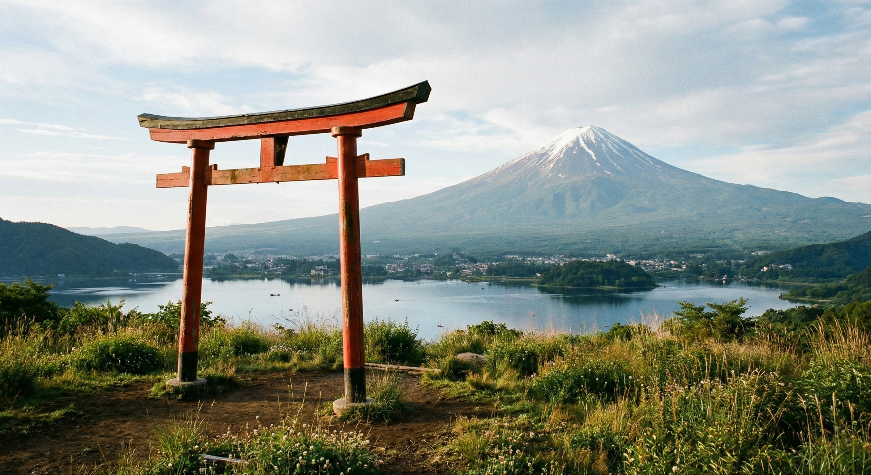 A traditional red Shinto torii gate stands alone on a grassy hillside, framing a majestic view of Mount Fuji and Lake Kawaguchi under a vast, bright blue sky.