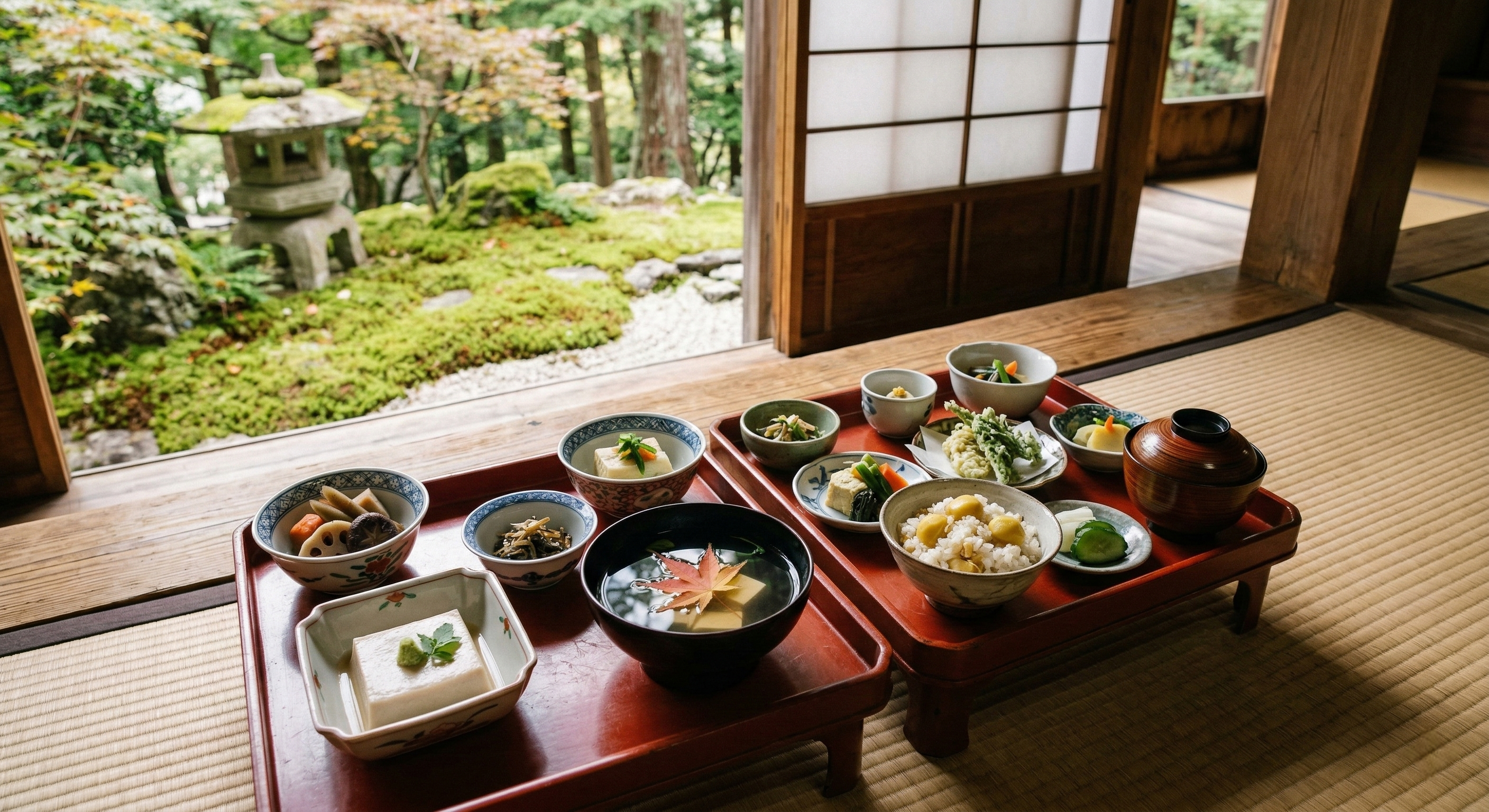A beautifully arranged Buddhist vegetarian meal, or shojin ryori, served on traditional red lacquer trays inside a peaceful mountain temple overlooking a lush, mossy Zen garden through open shoji screens.