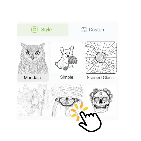 AI Coloring Page Generator - Step 2: Pick a Style or Enter a Custom Prompt